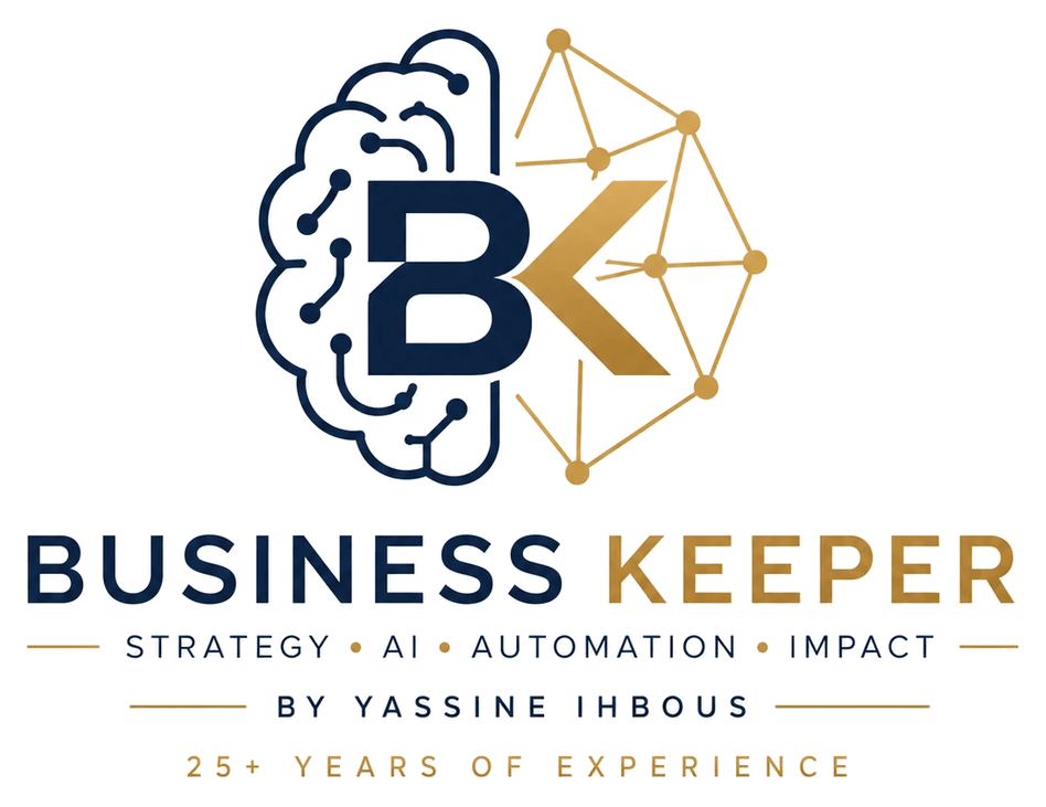 Logo Business Keeper : un cerveau relié à un réseau, autour du monogramme BK